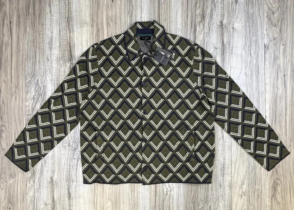 Ted Baker Dicapri Geo Jacquard Knit Jacket Wool Cashmere Cardigan Mens XL NEW